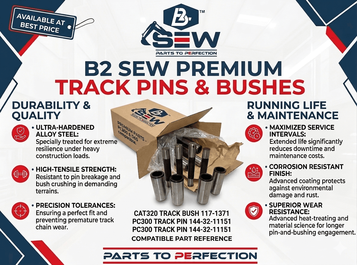 B2SEW premium track pins and bushes flyer with product photography, key benefits, and compatible part references