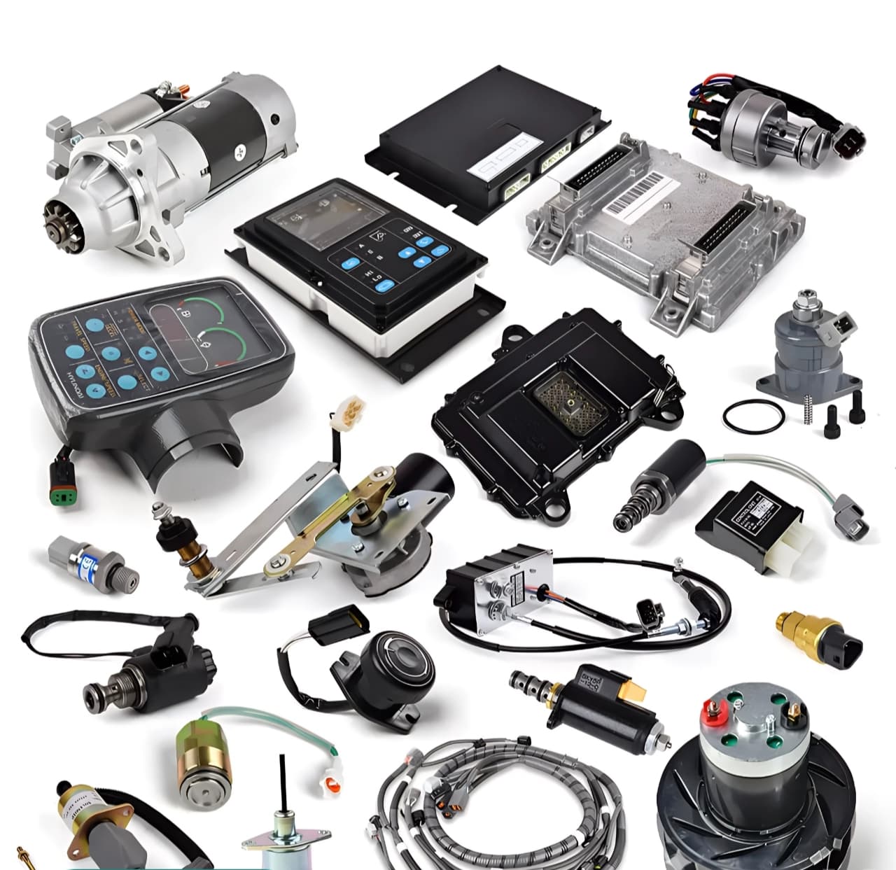 Assortment of electrical parts for heavy equipment including ECUs, displays, starter motor, sensors, and harnesses