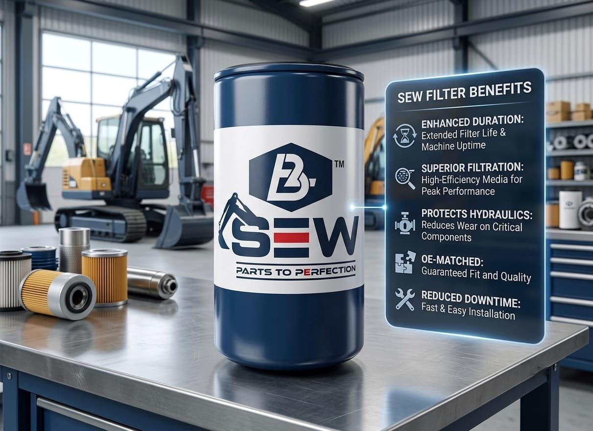 SEW hydraulic filter on a workshop bench with filter benefits panel for duration, filtration, and OE-matched fit