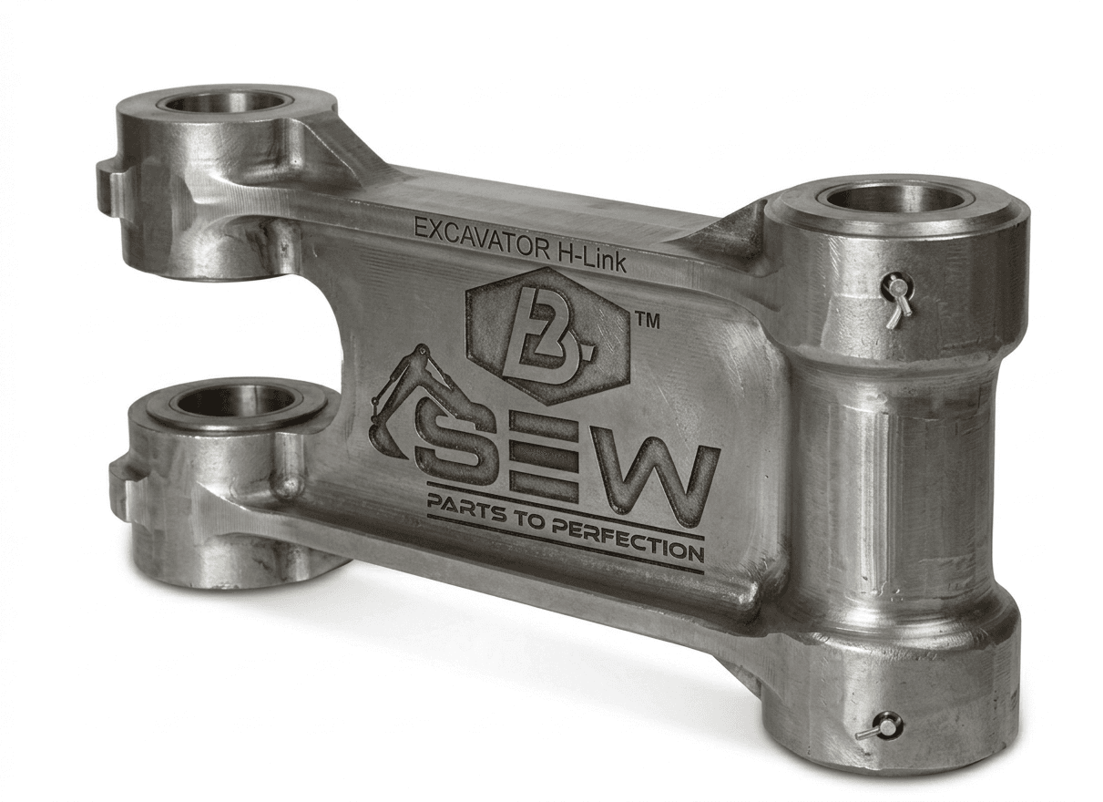Excavator H-link structural body part with engraved SEW logo and Parts to perfection tagline