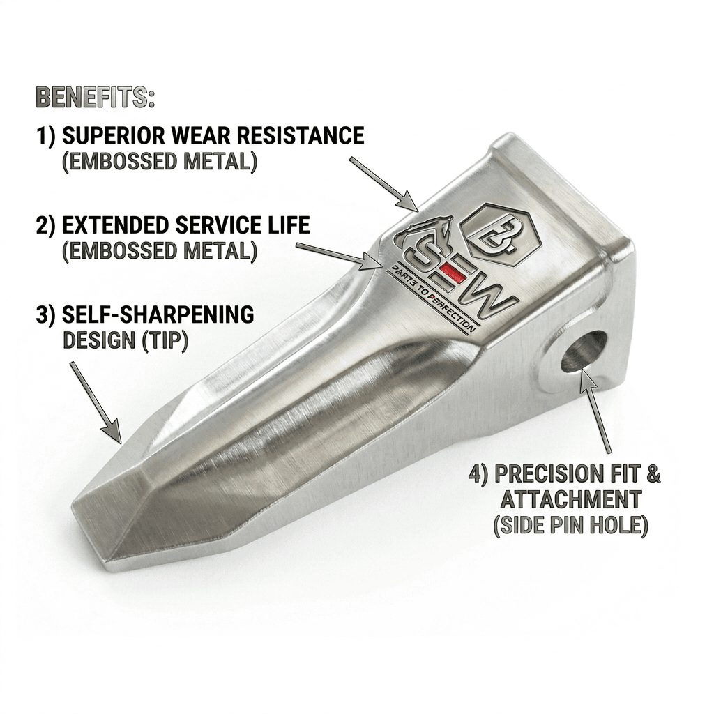 B2SEW bucket tooth with embossed branding and benefits including wear resistance and self-sharpening tip