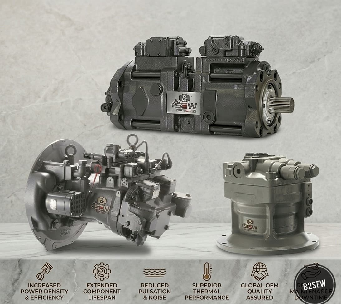 Three B2SEW hydraulic pumps and motors on marble with power density, lifespan, and OEM quality callouts