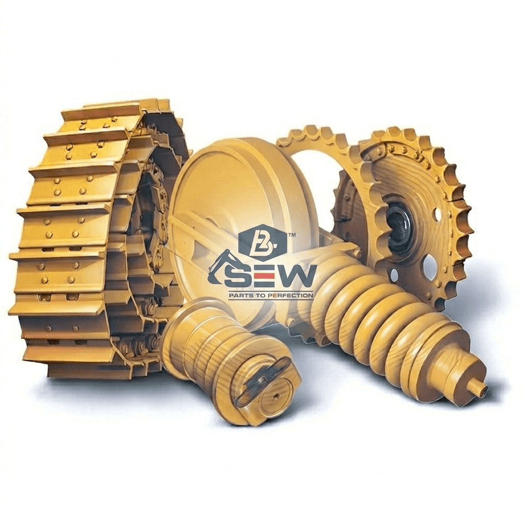 Yellow track chain, idler, sprocket, roller, and recoil spring undercarriage spare parts with SEW branding