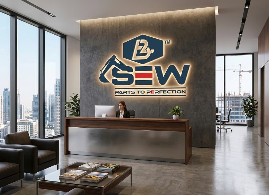 B2SEW corporate reception with backlit logo, desk, and city views through floor-to-ceiling windows